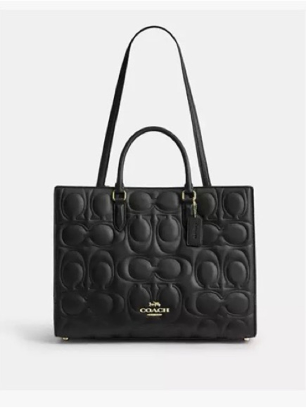 COACH Black Embossed Signature Leather Tote with Gold Hardware